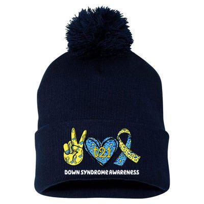 Down Syndrome Awareness T21 Peace Love Ribbon Pom Pom 12in Knit Beanie