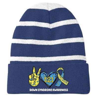 Down Syndrome Awareness T21 Peace Love Ribbon Striped Beanie with Solid Band