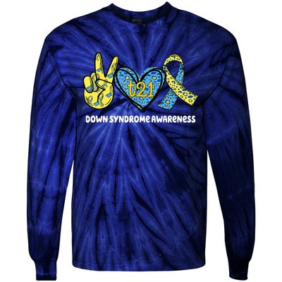 Down Syndrome Awareness T21 Peace Love Ribbon Tie-Dye Long Sleeve Shirt