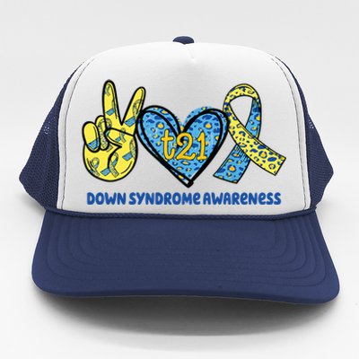 Down Syndrome Awareness T21 Peace Love Ribbon Trucker Hat