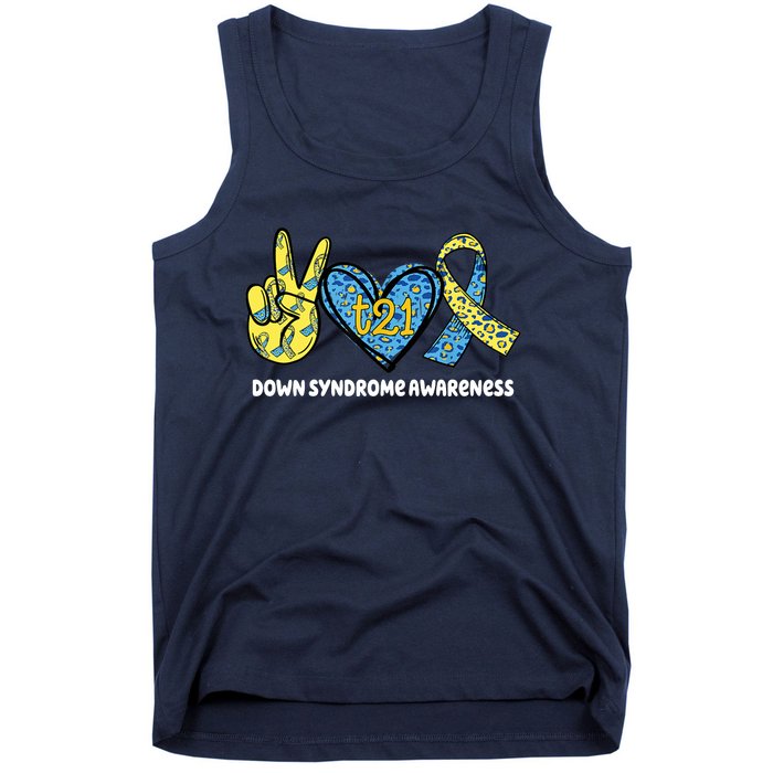 Down Syndrome Awareness T21 Peace Love Ribbon Tank Top