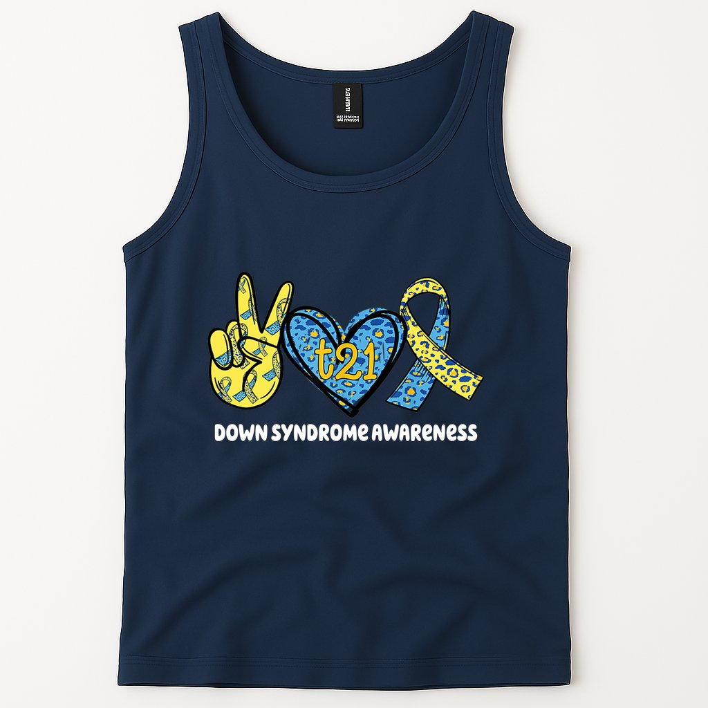 Down Syndrome Awareness T21 Peace Love Ribbon Tank Top