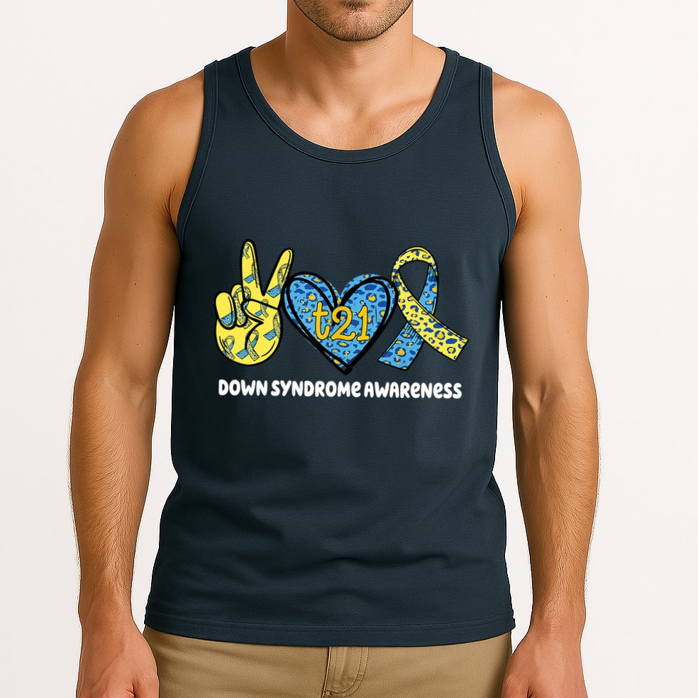Down Syndrome Awareness T21 Peace Love Ribbon Tank Top