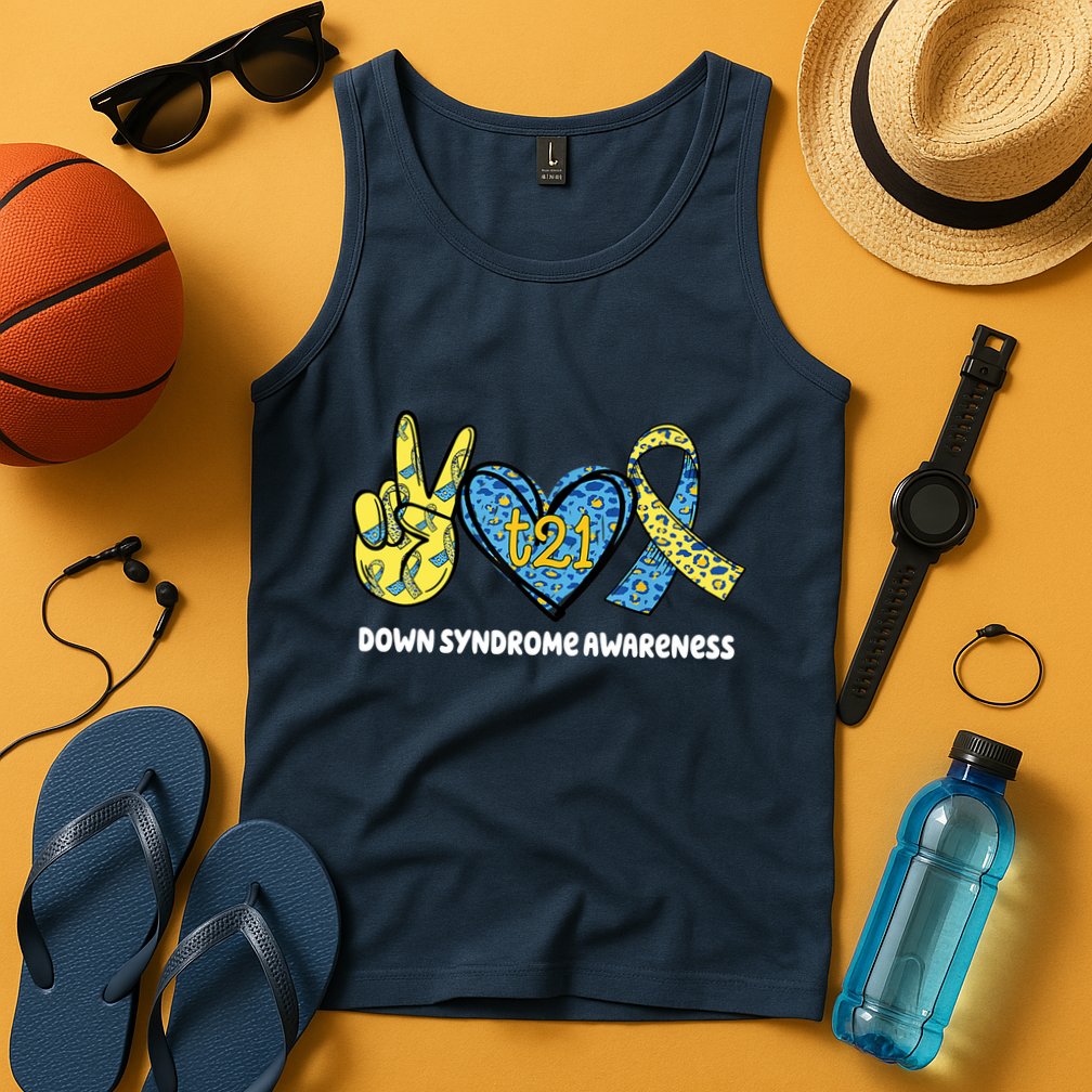 Down Syndrome Awareness T21 Peace Love Ribbon Tank Top