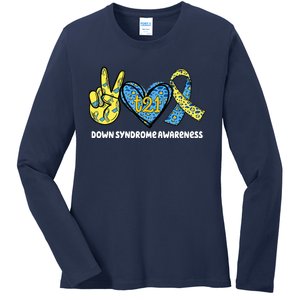 Down Syndrome Awareness T21 Peace Love Ribbon Ladies Long Sleeve Shirt