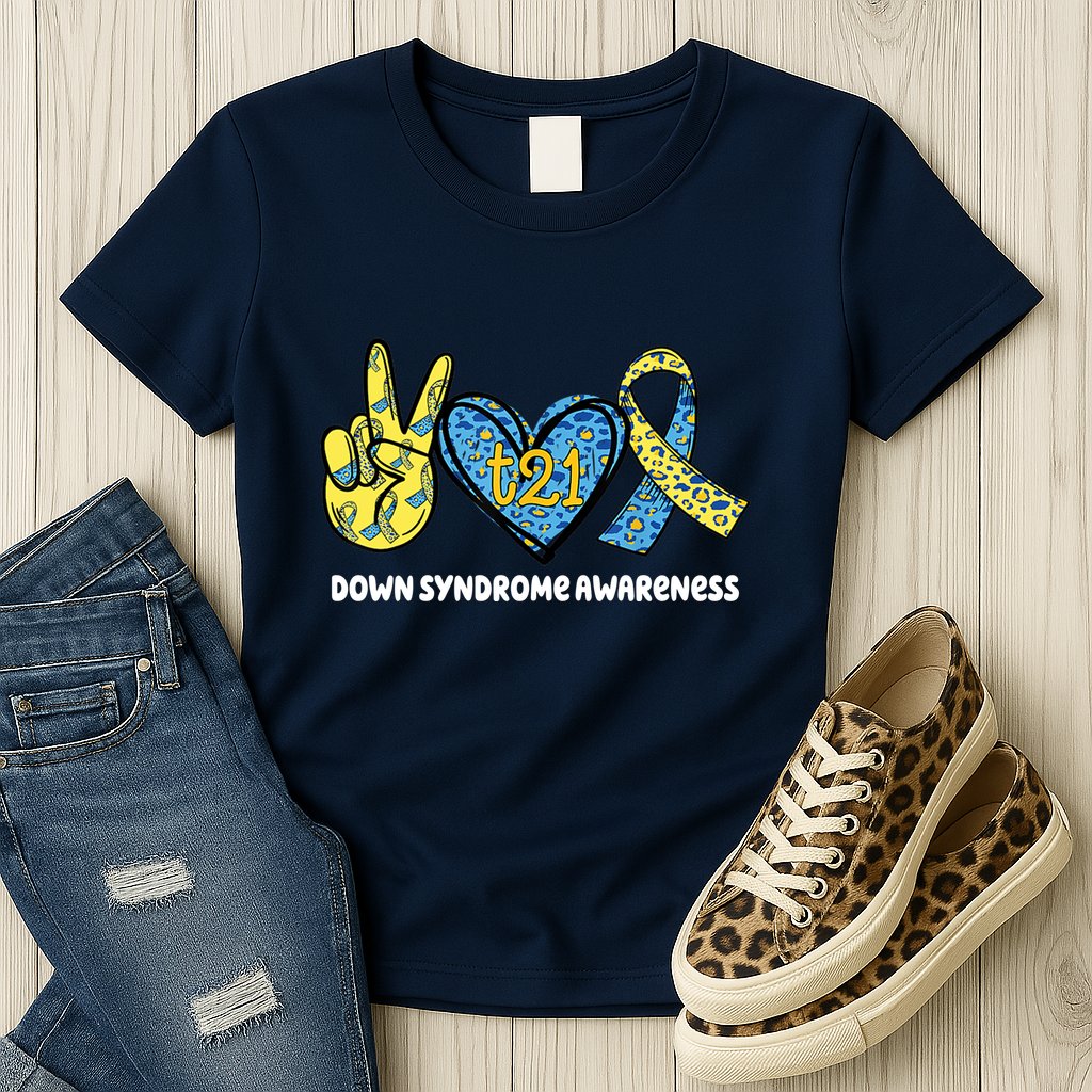Down Syndrome Awareness T21 Peace Love Ribbon Womens T-Shirt