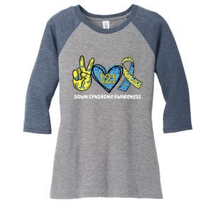 Down Syndrome Awareness T21 Peace Love Ribbon Women's Tri-Blend 3/4-Sleeve Raglan Shirt