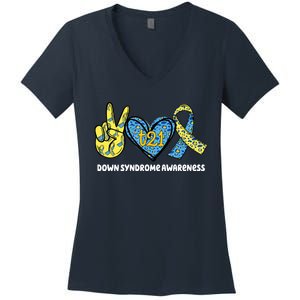 Down Syndrome Awareness T21 Peace Love Ribbon Women's V-Neck T-Shirt