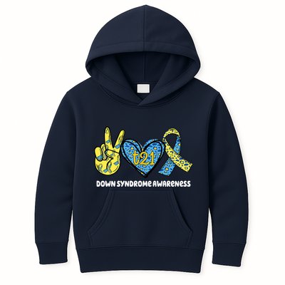Down Syndrome Awareness T21 Peace Love Ribbon Kids Hoodie