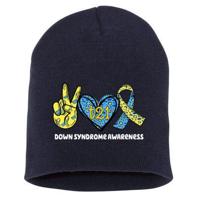 Down Syndrome Awareness T21 Peace Love Ribbon Short Acrylic Beanie