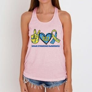 Down Syndrome Awareness T21 Peace Love Ribbon Women's Knotted Racerback Tank