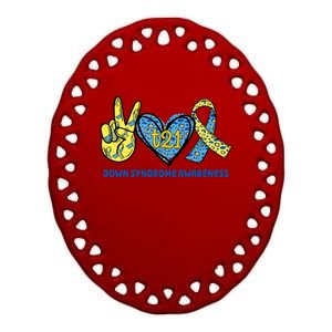 Down Syndrome Awareness T21 Peace Love Ribbon Ceramic Oval Ornament