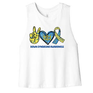 Down Syndrome Awareness T21 Peace Love Ribbon Women's Racerback Cropped Tank