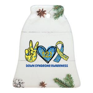 Down Syndrome Awareness T21 Peace Love Ribbon Ceramic Bell Ornament