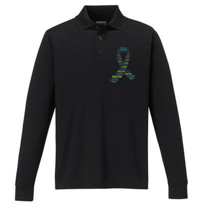 Down Syndrome Awareness Hope Faith Love Teal Ribbon Mom Performance Long Sleeve Polo