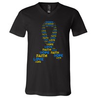 Down Syndrome Awareness Hope Faith Love Teal Ribbon Mom V-Neck T-Shirt