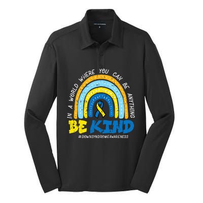 Down Syndrome Awareness Be Kind Rainbow T21 Silk Touch Performance Long Sleeve Polo