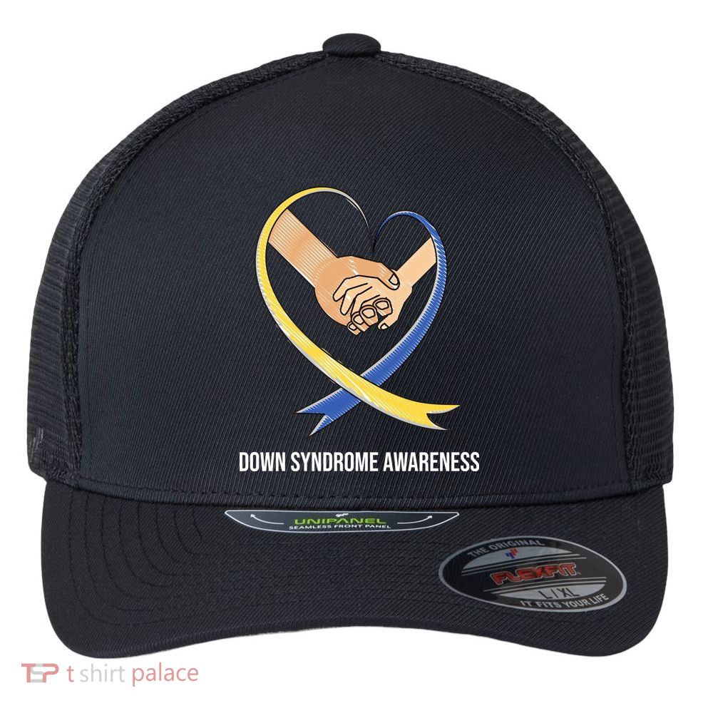 Down Syndrome Awareness Support Heart Ribbon Flexfit Unipanel Trucker Cap