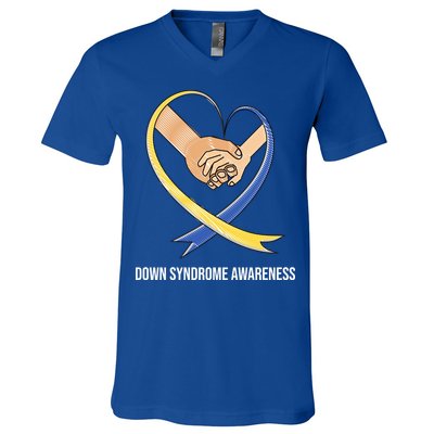 Down Syndrome Awareness Support Heart Ribbon V-Neck T-Shirt