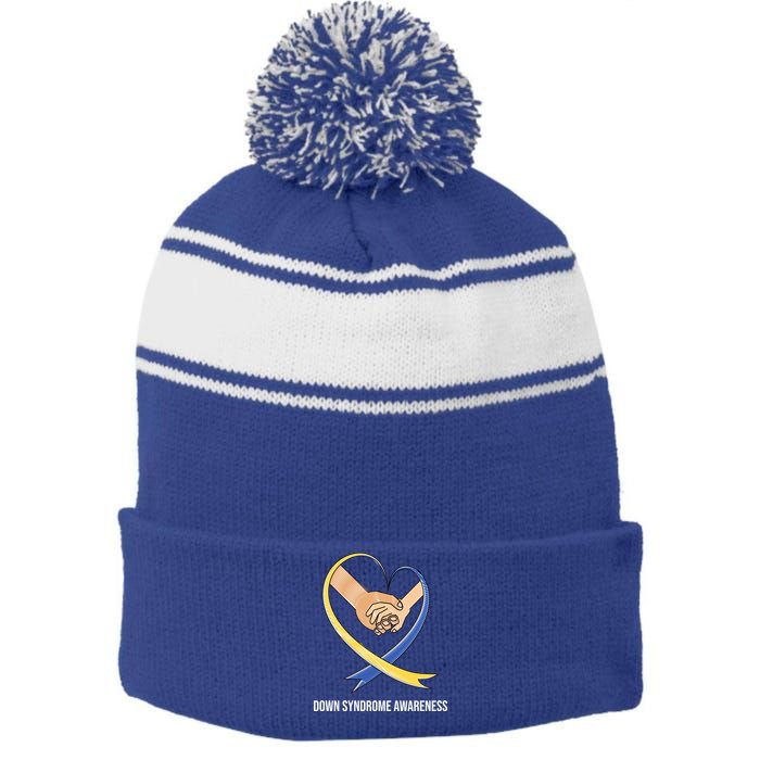 Down Syndrome Awareness Support Heart Ribbon Stripe Pom Pom Beanie