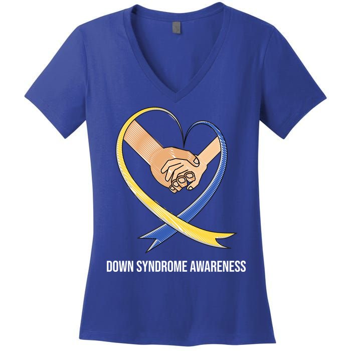 Down Syndrome Awareness Support Heart Ribbon Women's V-Neck T-Shirt
