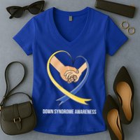 Down Syndrome Awareness Support Heart Ribbon Women's V-Neck T-Shirt
