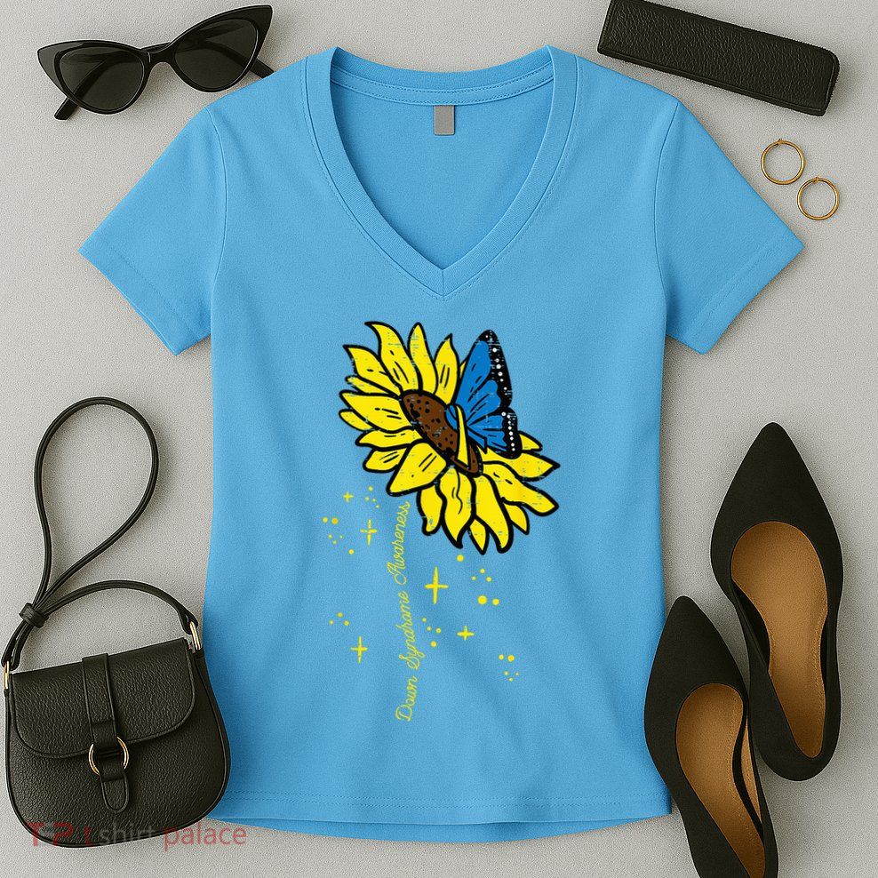 Down Syndrome Awareness Sunflower Butterfly Women's V-Neck T-Shirt