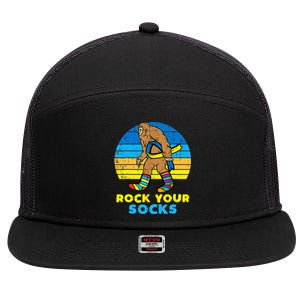 Down Syndrome Bigfoot Rock Your Socks Awareness Sasquatch 7 Panel Mesh Trucker Snapback Hat