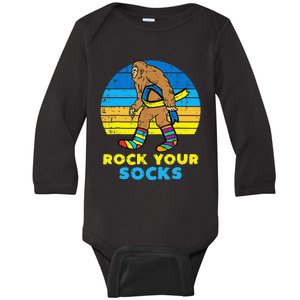 Down Syndrome Bigfoot Rock Your Socks Awareness Sasquatch Baby Long Sleeve Bodysuit