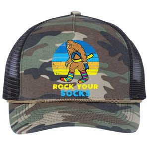 Down Syndrome Bigfoot Rock Your Socks Awareness Sasquatch Retro Rope Trucker Hat Cap