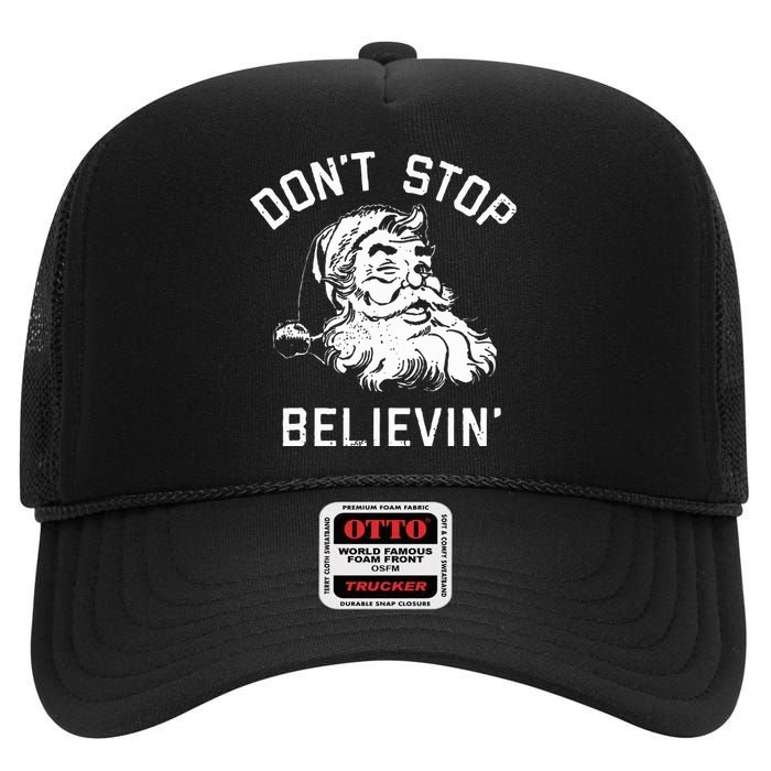 Don't Stop Believing Christmas Vintage Santa Winter Funny High Crown Mesh Back Trucker Hat