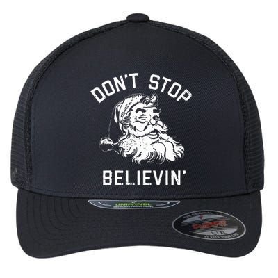 Don't Stop Believing Christmas Vintage Santa Winter Funny Flexfit Unipanel Trucker Cap