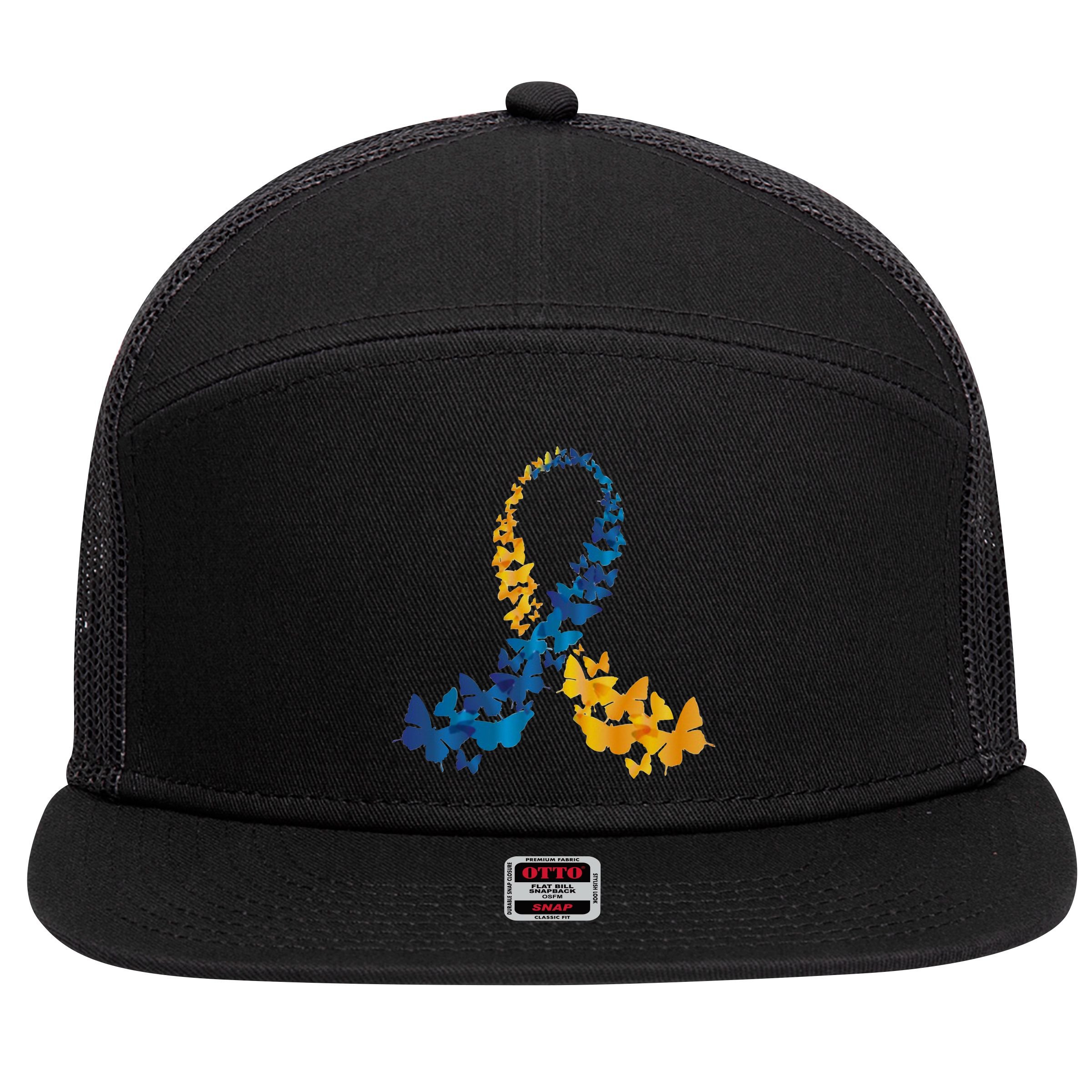 Down Syndrome Butterfly Awareness 7 Panel Mesh Trucker Snapback Hat
