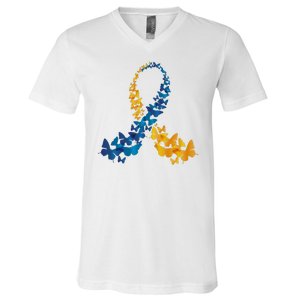 Down Syndrome Butterfly Awareness V-Neck T-Shirt