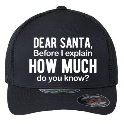 Dear Santa Before I Explain How Much Do You Know Funny Christmas Flexfit Unipanel Trucker Cap