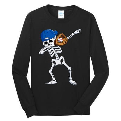 Dabbing Skeleton Baseball Player Halloween Kids Tall Long Sleeve T-Shirt