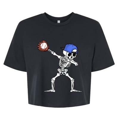 Dabbing Skeleton Baseball Halloween Player Catcher Pitcher Bella+Canvas Jersey Crop Tee