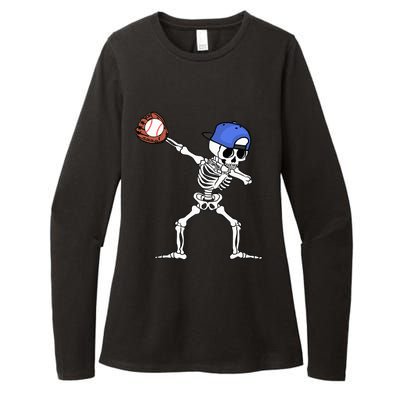 Dabbing Skeleton Baseball Halloween Player Catcher Pitcher Womens CVC Long Sleeve Shirt