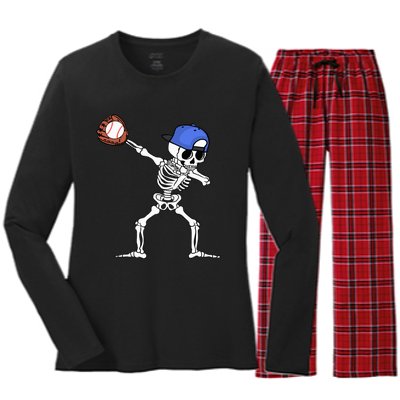 Dabbing Skeleton Baseball Halloween Player Catcher Pitcher Women's Long Sleeve Flannel Pajama Set 