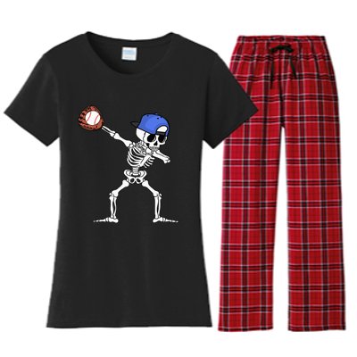 Dabbing Skeleton Baseball Halloween Player Catcher Pitcher Women's Flannel Pajama Set