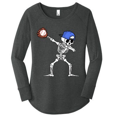 Dabbing Skeleton Baseball Halloween Player Catcher Pitcher Women's Perfect Tri Tunic Long Sleeve Shirt