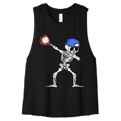 Dabbing Skeleton Baseball Halloween Player Catcher Pitcher Women's Racerback Cropped Tank