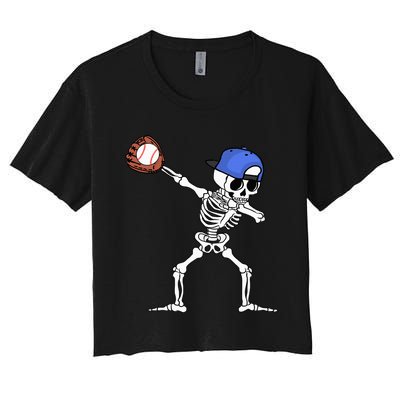 Dabbing Skeleton Baseball Halloween Player Catcher Pitcher Women's Crop Top Tee