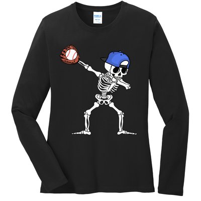 Dabbing Skeleton Baseball Halloween Player Catcher Pitcher Ladies Long Sleeve Shirt