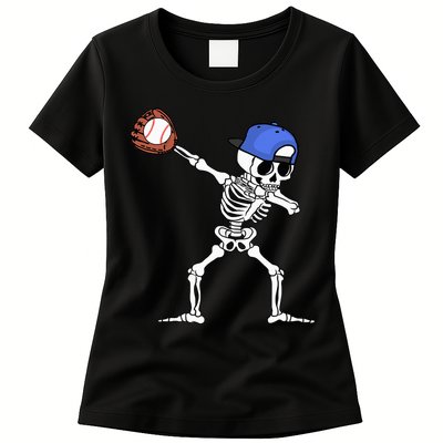 Dabbing Skeleton Baseball Halloween Player Catcher Pitcher Women's T-Shirt