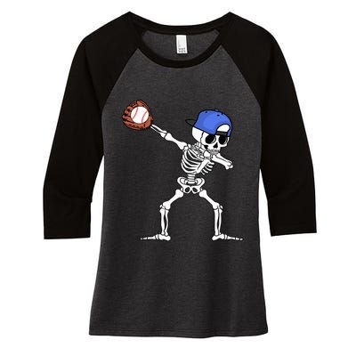 Dabbing Skeleton Baseball Halloween Player Catcher Pitcher Women's Tri-Blend 3/4-Sleeve Raglan Shirt