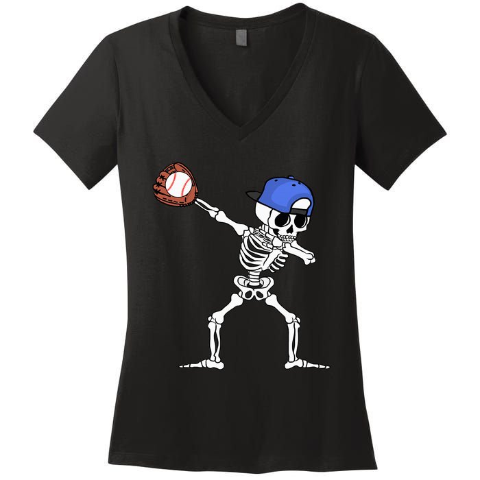 Dabbing Skeleton Baseball Halloween Player Catcher Pitcher Women's V-Neck T-Shirt