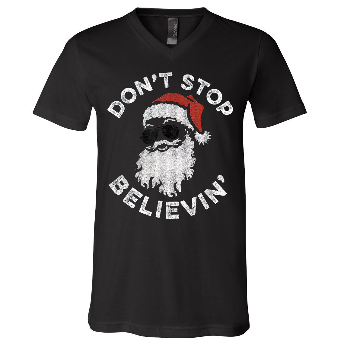 Don't Stop Believin' Cool Shades Santa V-Neck T-Shirt