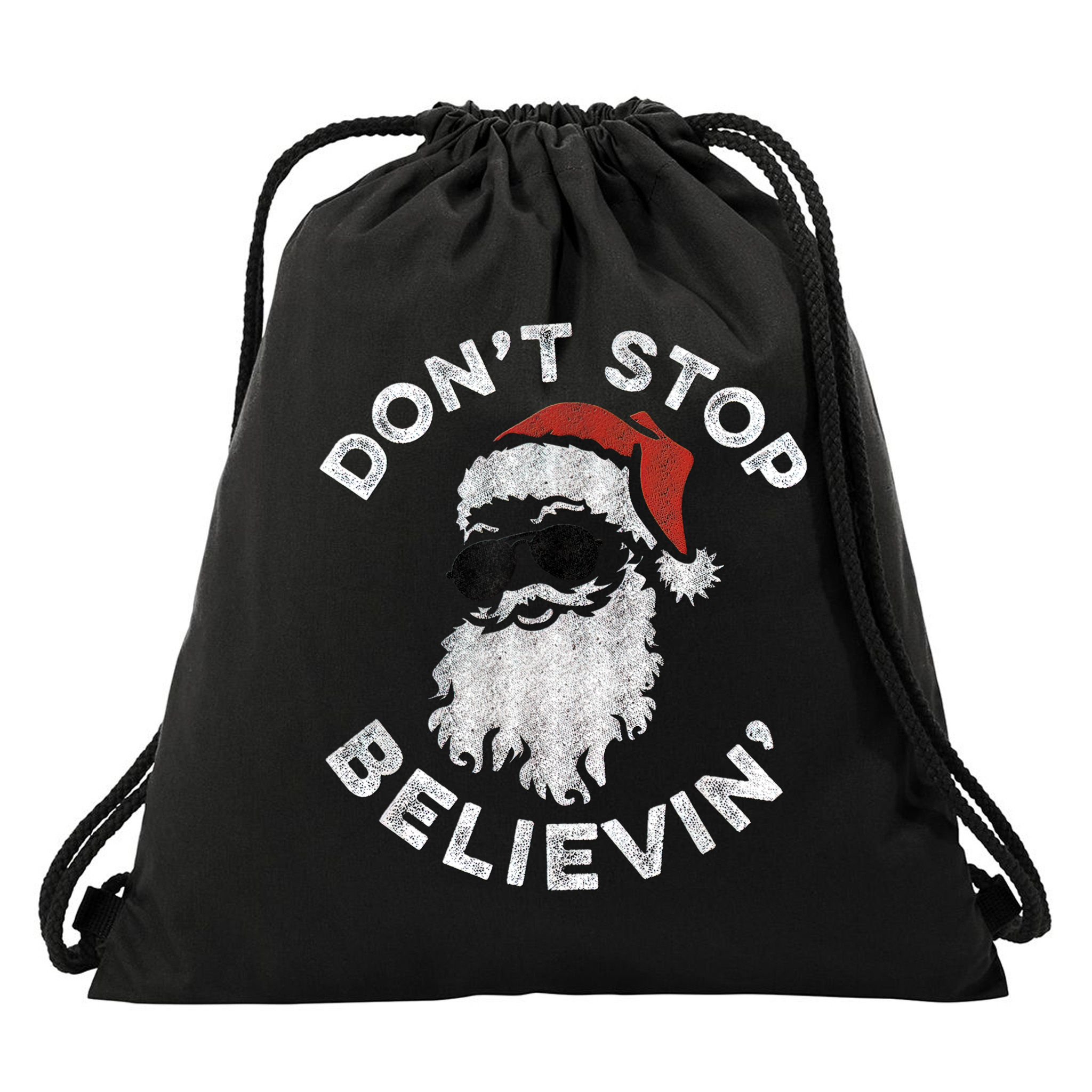 Don't Stop Believin' Cool Shades Santa Drawstring Bag