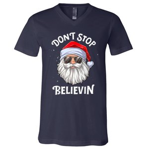 Don't Stop Believin Santa Funny Christmas Boys Gifts V-Neck T-Shirt